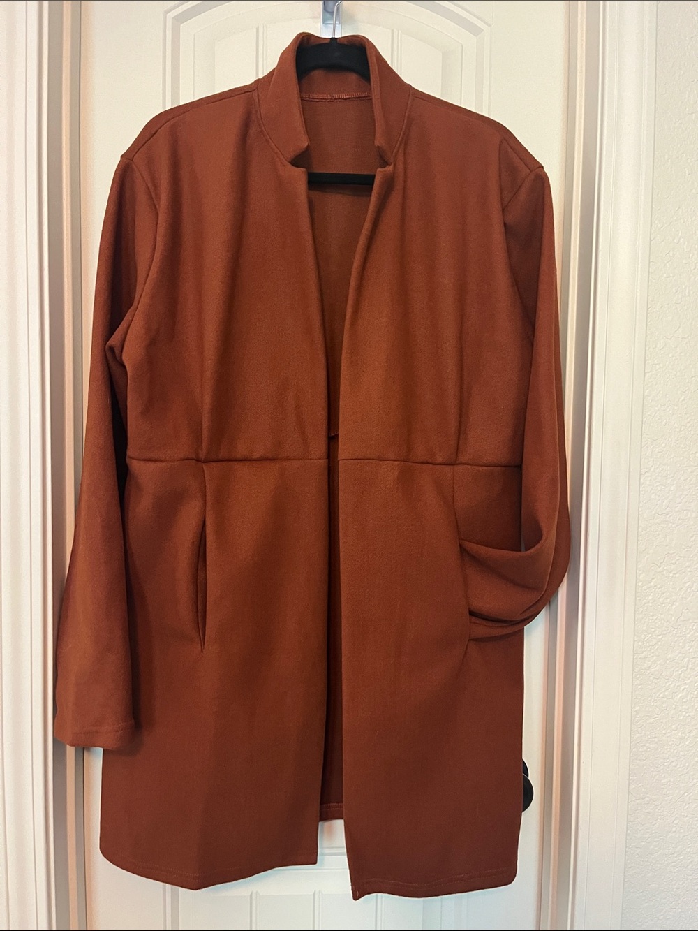 Womens Open Front Long Coatigan in Rust